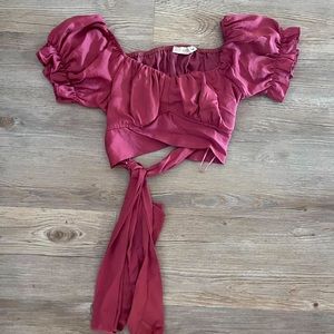 Pink/Mauve ruffle back tie crop top with ruffles sleeves satin finish